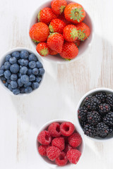 Fresh berries in a  bowl on white wooden background, top view