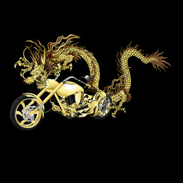 vector illustration golden Chinese dragon with a motorcycle, wraps golden chopper, black Background