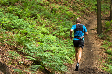 man running and training on the single trail in the forest