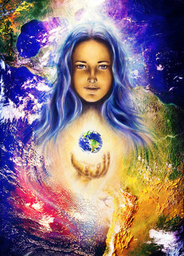 Mystic woman and earth collage. Hands holding planet Earth.
