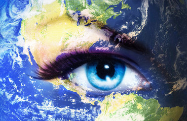 Planet Earth and blue human eye with violet and pink day makeup.