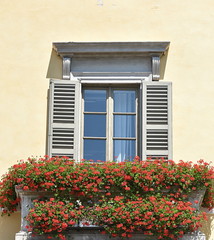 Fototapeta na wymiar porte fenêtre sur petit balcon fleuri