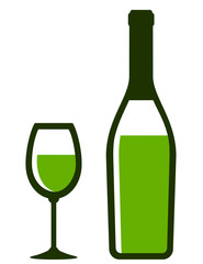 bottle and glass with white wine on white background