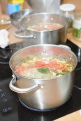 Pan with soup prepares on electric stove