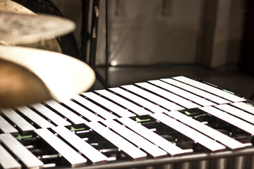 	Percussion instruments in a chamber hall. Drums. Marimba. Bass
