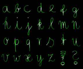 Flourescent letters of the alphabet in bright green colors