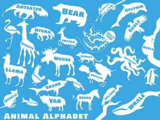 Animal alphabet poster for children. Animals silhouettes with