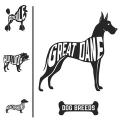 Isolated dog breed silhouettes set with names of breeds inside