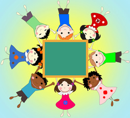 Children of different races together in a circle with the school