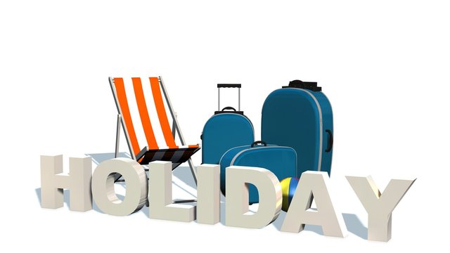 Holiday - 3D Word before travel suitcase and deck chair 
