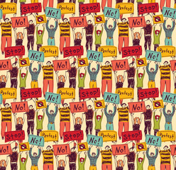 
Protest demonstration group people seamless pattern color. 
Crowd of protest people. Color seamless pattern.