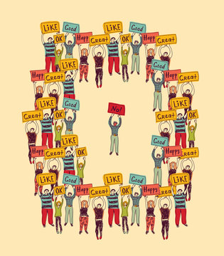 
Individuality outsider person character in crowd color
Group of people and outstanding person with protest banner. Color illustration.