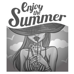 Retro style illustration with sexy girl in hat drinks a cocktail