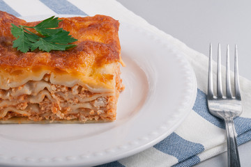 Tasty fresh lasagne on a white plate