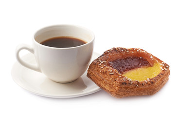 Sweet pastry bun and coffee isolated