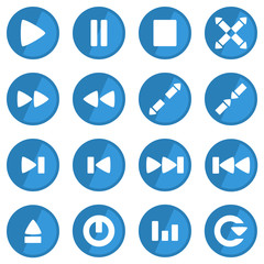Video player icon set blue color flat design with reflections