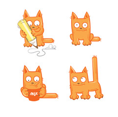 Set with four cartoon kittens, milk and a pencil.