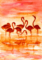 Naklejka premium flamingo in sunset, watercolor vector illustration