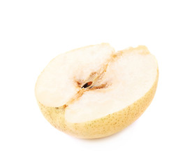 Yellow pear cut in half isolated