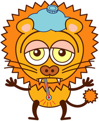 Cute lion with an ice pack and a thermometer feeling sad and sick