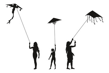 Obraz premium People with Flying Kites, Silhouettes