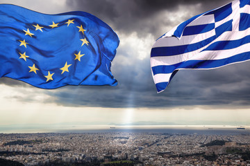 Athens with flag of Greece and flag of European Union in Greece