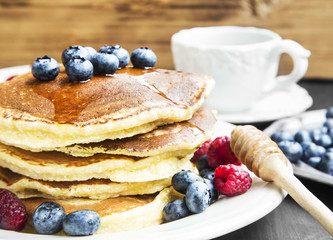 Honey Pancakes with Blueberries and Raspberries