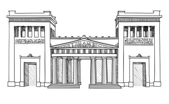 Travel Gemany. Visit famous german landmark Munih copy of Propylaea. Hand drawn ancient greek building. Architectural sketch isolated