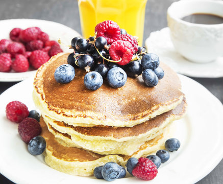 Breakfast Pancakes with Raspberries,Blueberries and Currants