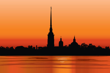 Naklejka premium St. Petersburg landmark, Russia, Russian sunset cityscape silhouette background. 