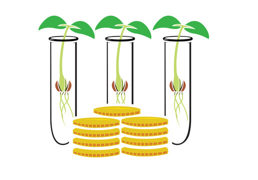 Vector image of test tubes containing plant seedlings around coins