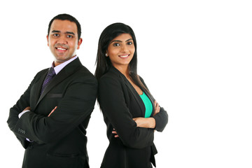 Asian Indian businessman and businesswoman in group standing with folded hands isolated on white with copyspace. Successful Teamwork concept..