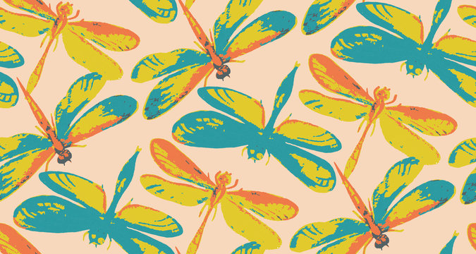 Seamless pattern with hand drawn dragonflies.