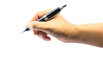 hand with pen isolated on white background