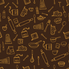 Seamless pattern with hand drawn cookware on the lined paper