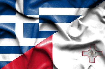 Waving flag of Malta and Greece