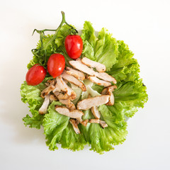 Green healthy salad witch chicken and tomatoes on a blank backgr