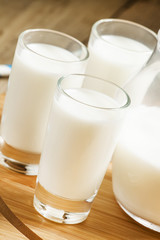 Fresh peasant milk jug and glasses on  wooden table, selective f