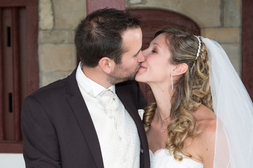 Groom and bride outside happy and in love