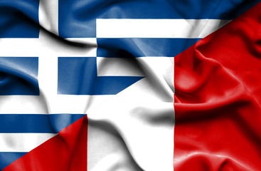 Waving flag of Peru and Greece