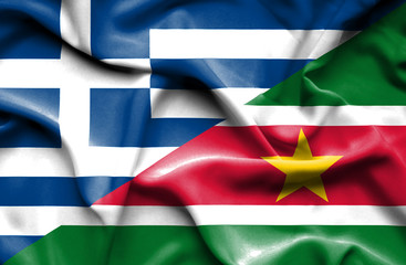 Waving flag of Suriname and Greece