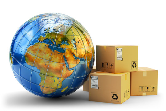 International package delivery concept, global purchases transportation business, stack of cardboard boxes and Earth globe isolated on white background