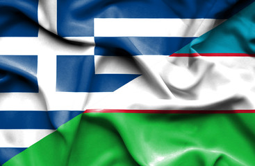 Waving flag of Uzbekistan and Greece