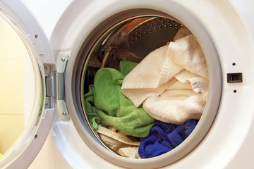 Clothes inside of washing machine.