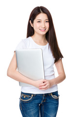 Asian woman hold with laptop computer
