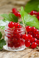 Fresh red currants with leaves in a small jar on a wooden table,