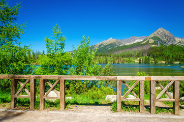 Fototapeta na wymiar Mountain lake on background of green trees