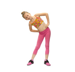 little girl does exercises on a white background