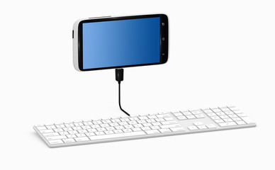 Smartphone connected to keyboard.