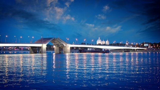 Russia, St. Petersburg, night landscape. View of the Foundry Bridge